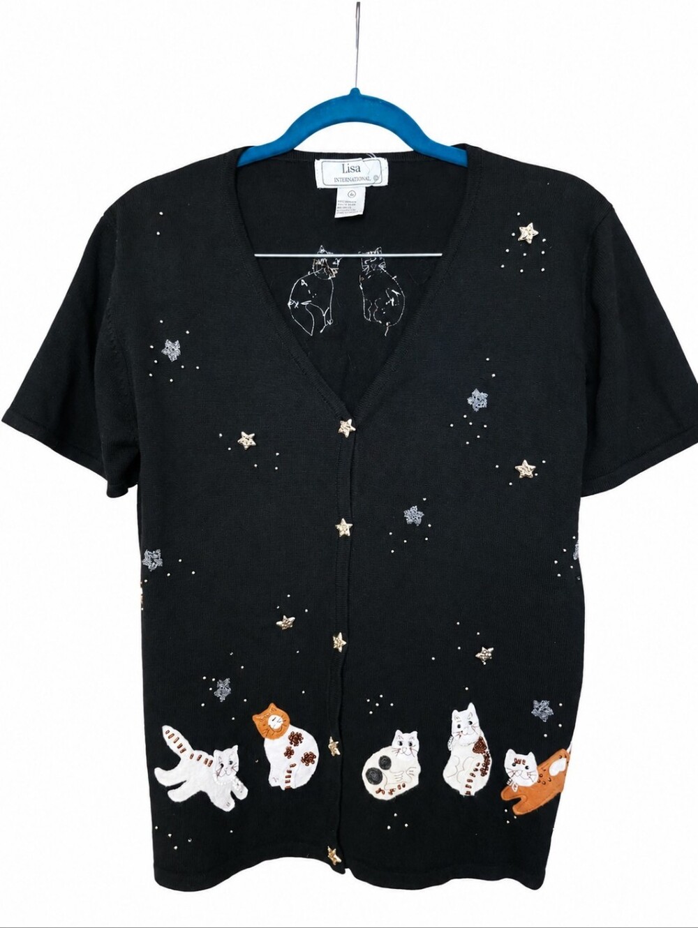 Lisa International Beaded Cat Cardigan Vintage Short-Sleeve Sweater Size Medium